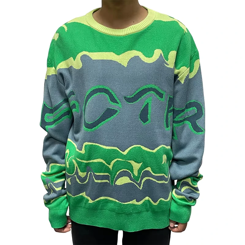 Custom Women's Oversized Printed O Neck Pullover Vintage Drop Shoulder Long Sleeved Knitted Sweater