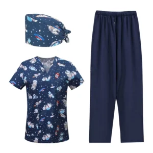 Custom Women’s Three-Piece Medical Nurse Scrub Uniform Set with Cap, Top, and Bottoms