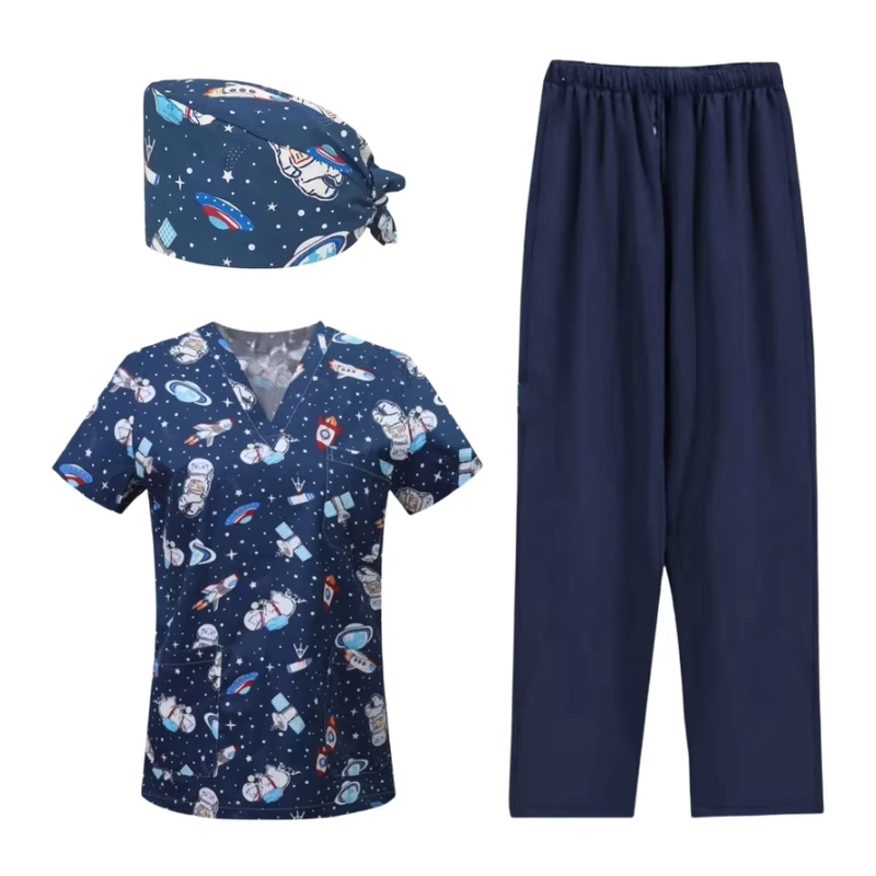 Custom Women’s Three-Piece Medical Nurse Scrub Uniform Set with Cap, Top, and Bottoms