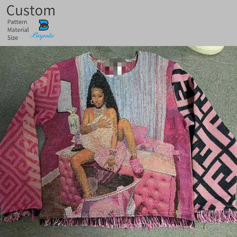 Custom Woven Tapestry Sweater with Fringe Personalized Jacquard Knit Blanket Pullover