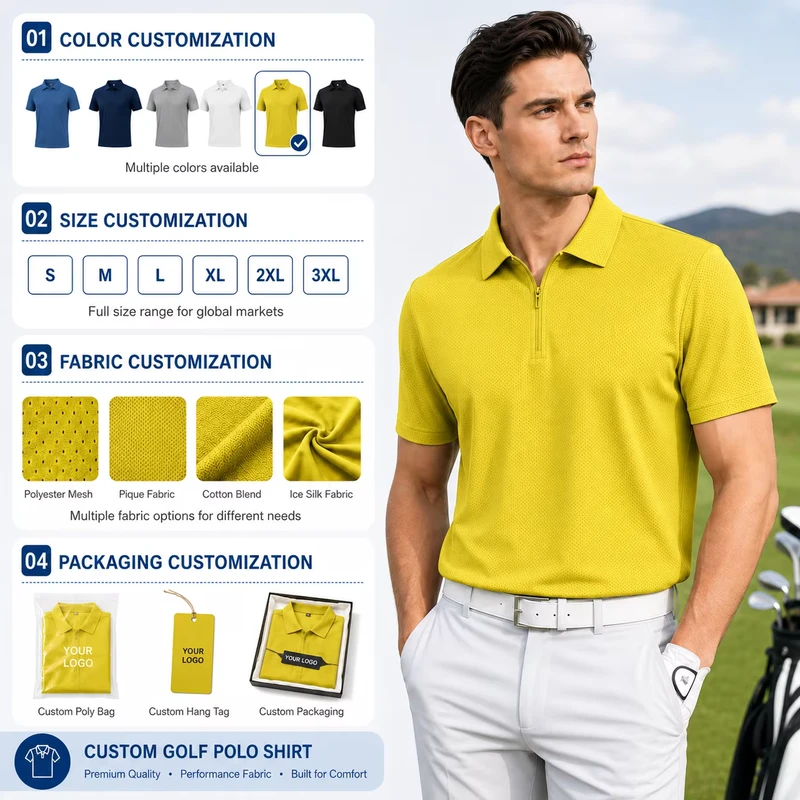 Custom Yellow Quick-Dry Anti-Wicking Breathable Solid Color Men's Golf Polo Shirt