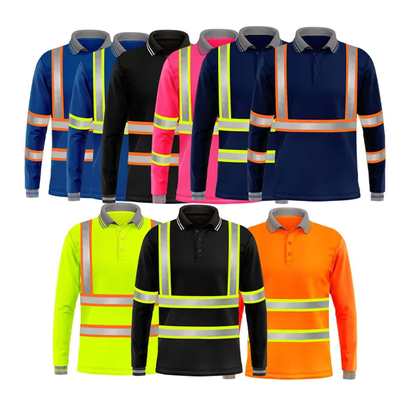 Custom logo Hi Vis Work Shirts Polo Safety Shirts Long Sleeve Colors Polyester Construction Company Reflective T shirts