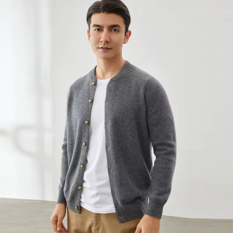 Customised Cashmere Sweater Men Sweater Tops Crewneck Long Sleeve Button Solid Color Warm 100% Cashmere Cardigan Coat
