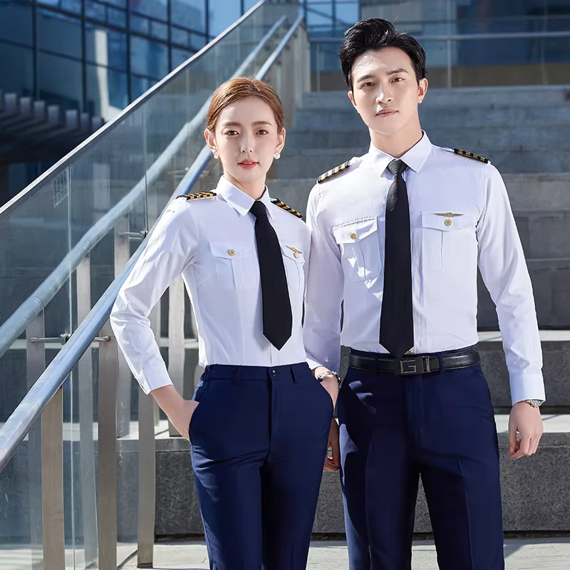 Customizable Airline Pilot Captain Aviation Uniform White Unisex Polyester Viscose Shirt