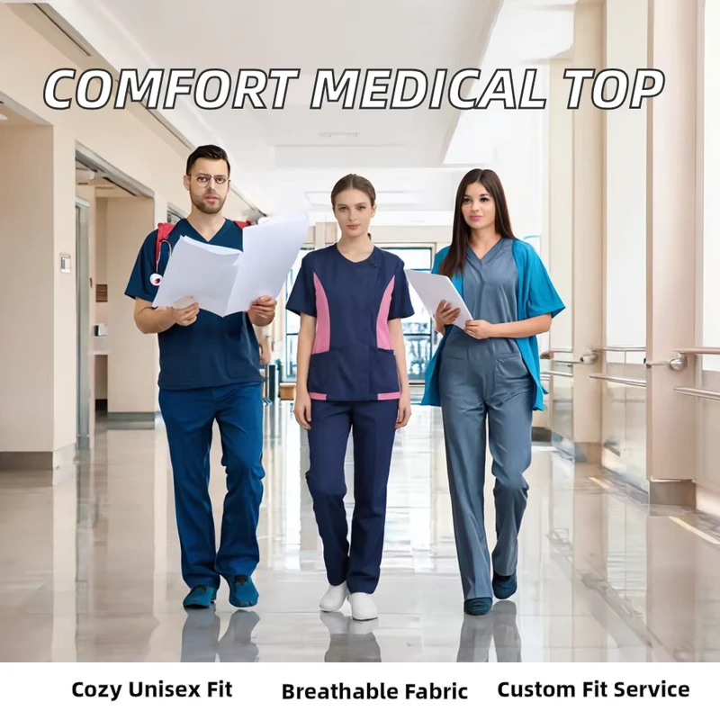 Customizable Breathable Polyester Rayon Woven Fabric Medical Scrubs Top XL Size Hospital Uniform Scrub Sets