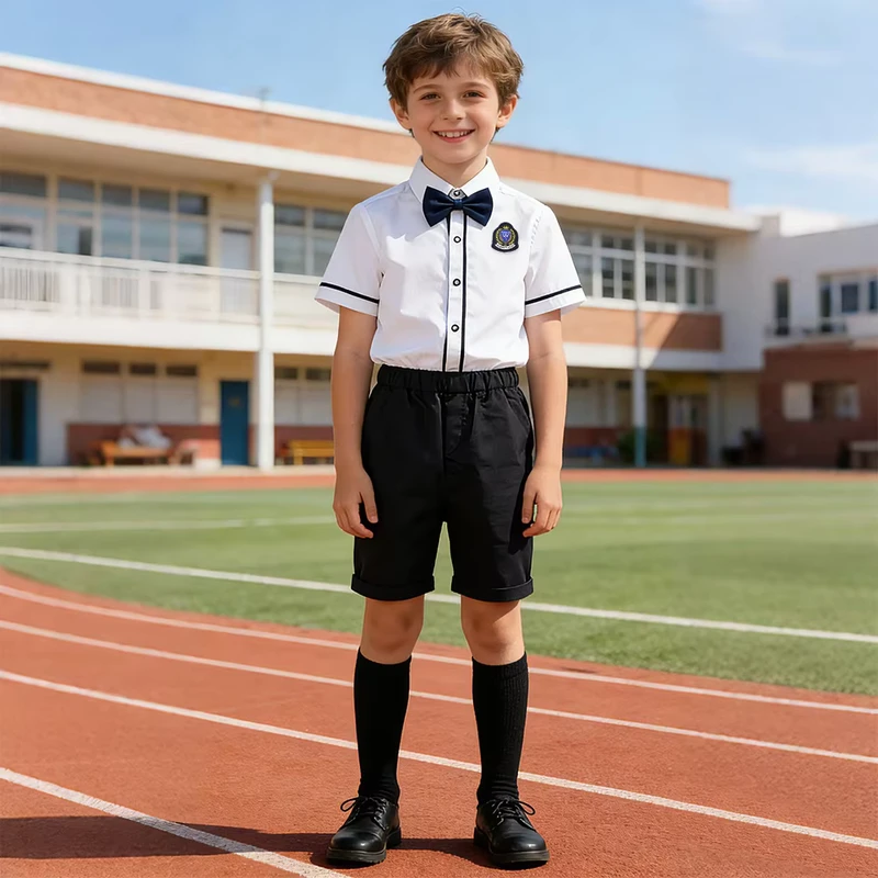 Customizable Elementary School Uniform Set for Kids Includes Shirt Shorts Skirt Tie Badge Socks Comfortable School Uniforms