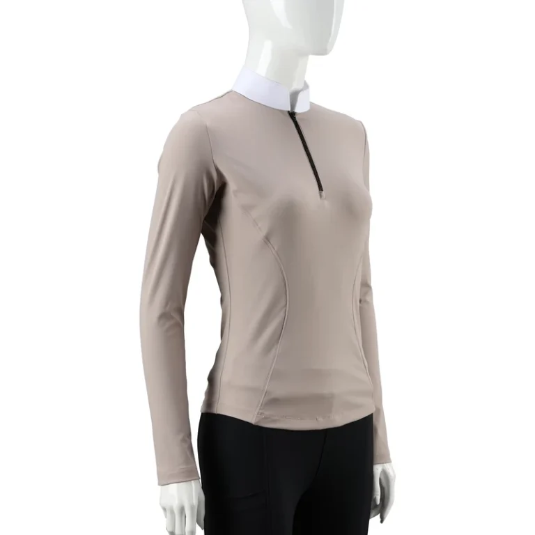 Customizable-Equestrian-Show-Shirt-Horse-Riding-Long-Sleeve-Beige-Quarter-Zip-Stand-Collar-Top