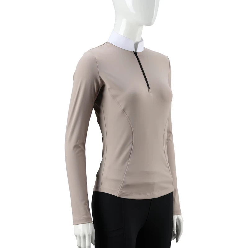 Customizable Equestrian Show Shirt Horse Riding Long Sleeve Beige Quarter-Zip Stand Collar Top