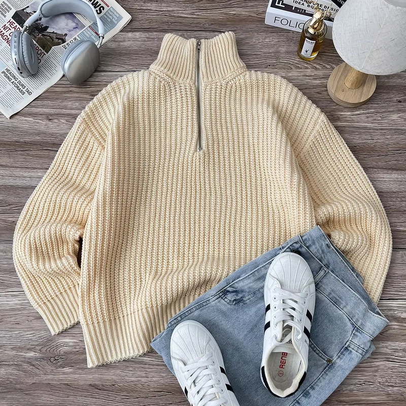 Customizable Logo Men's Winter Casual Pullover Sweater with Thread Zipper Semi-Placket OEM ODM Winter Men's Sweater