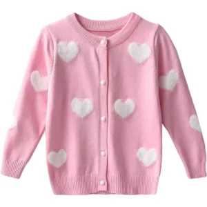 Customizable Winter Love Flocking O neck Knitted Girls Sweaters Coats Single Button Cute Long Sleeve Kids Sweaters