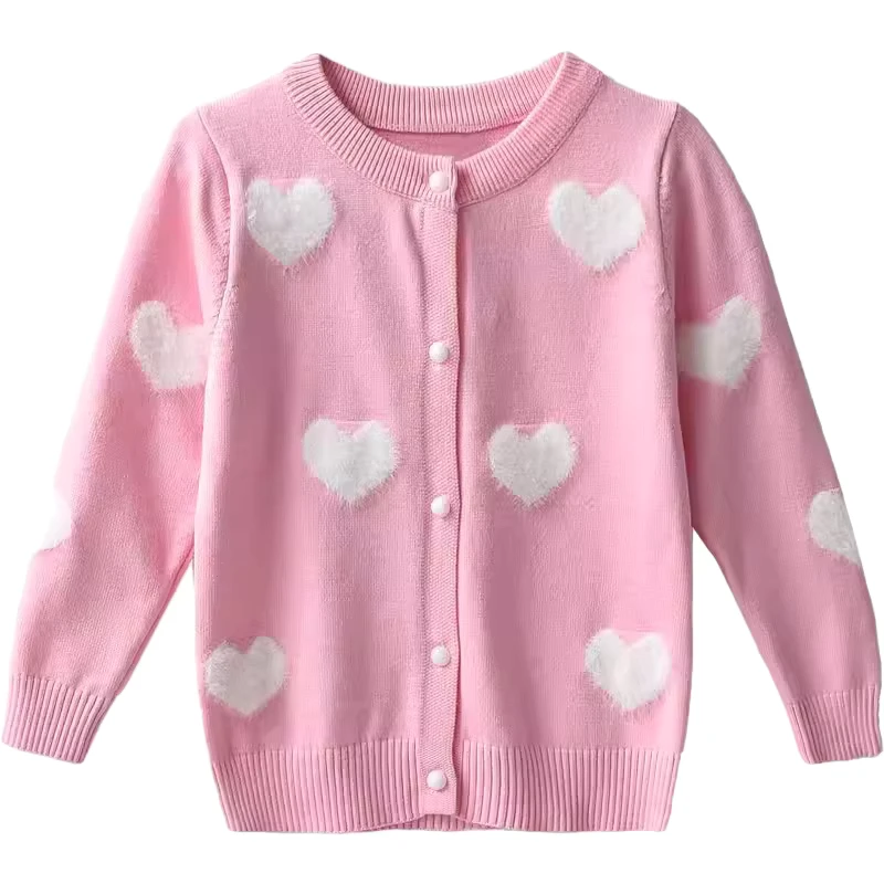 Customizable Winter Love Flocking O neck Knitted Girls Sweaters Coats Single Button Cute Long Sleeve Kids Sweaters