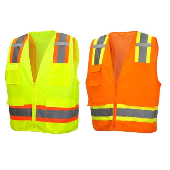 Customization ANSI Certificated Class 2 High Visibility Airport Factory Mesh Zip Closure Multipockets Reflective Safety Vest
