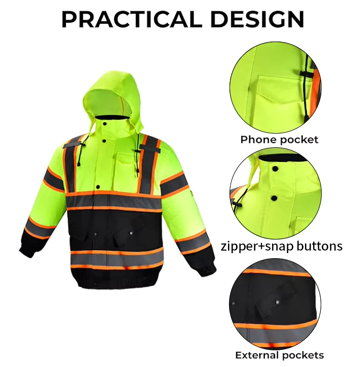 Customization Waterproof Hi Vis Reflective Winter Warm Fluorescent Reflective Jackets Hoodies With Hat