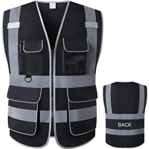 Customize Logo Multi Pockets Men’s Reflective Vest Security Black Safety Vest Roadway Working Hi Vis Vest