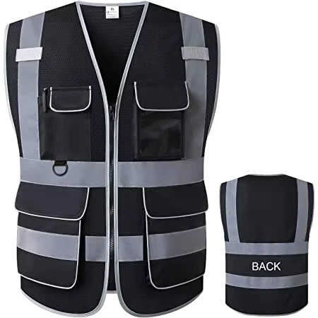 Customize Logo Multi Pockets Men's Reflective Vest Security Black Safety Vest Roadway Working Hi Vis Vest