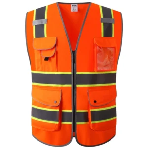 Customize Logo Multi Pockets Men’s Reflective Vest Security Orange Safety Vest Roadway Working Hi Vis Vest Safety Clothing