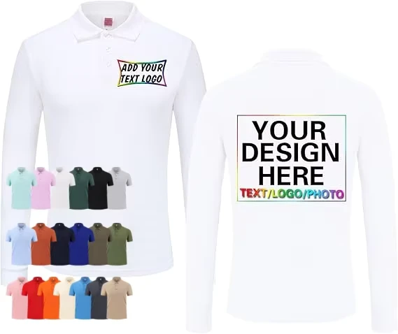 Customized Adults Long Sleeve Polo Shirt Solid Color Knitted Lapel Spring Autumn Printed Logo Group Advertising Cultural
