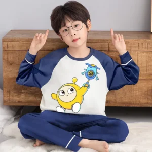 Customized Cartoon Pattern Boy’s Pajamas Junior High School Student Home Wear 100% Organic Cotton Spring Autumn Long Sleeve Suit