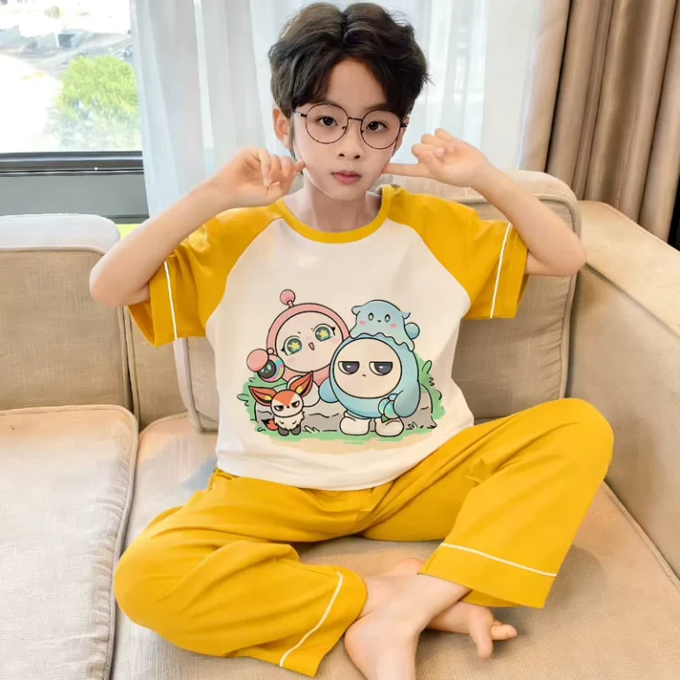 Customized-Cartoon-Pattern-Boys-Summer-Short-Sleeved-Pajamas-100-Organic-Cotton-Skin-Friendly-Breathable