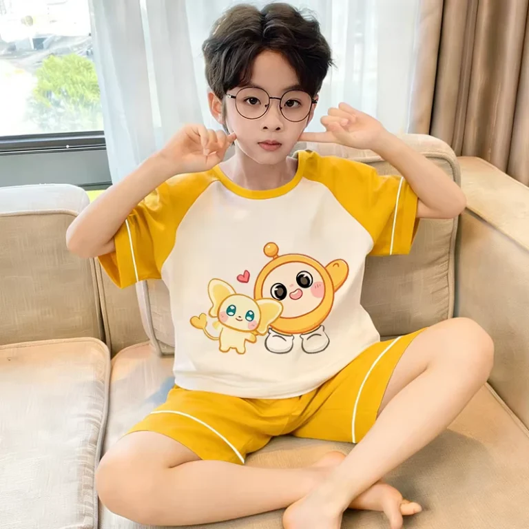 Customized-Cartoon-Pattern-Childrens-Pajamas-100-Organic-Cotton-Baby-Boys-Summer-Short-Sleeved-Home-Wear-Suit