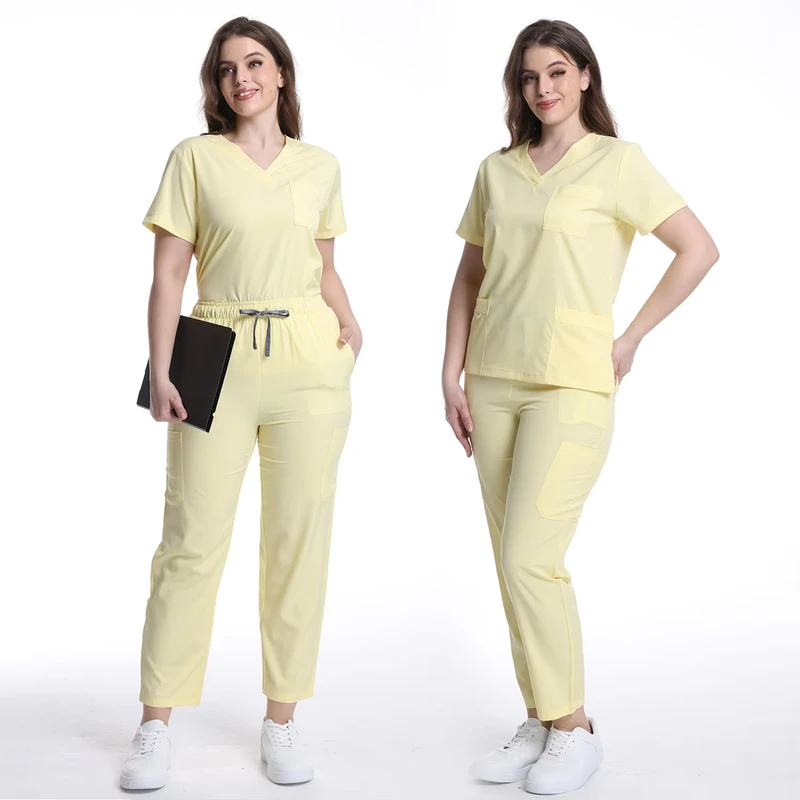 Customized Cream Yellow Hospital Workwear Loose Plus Size Medical Uniform Premium Nurse Doctor Scrubs Uniform Set