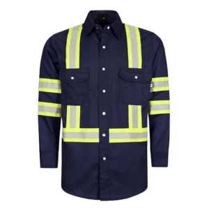 Customized FR Shirts High Visibility Fire Retardant 100% Cotton 6.5oz CAT2 NFPA2112 Arc Flash Protective Yellow Silver