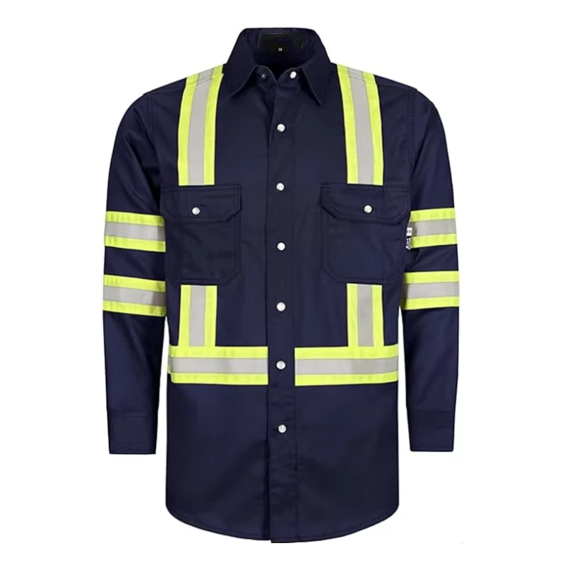Customized FR Shirts High Visibility Fire Retardant 100% Cotton 6.5oz CAT2 NFPA2112 Arc Flash Protective Yellow Silver