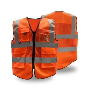 Customized High Visibility Reflective Safety Vest Mesh Front Zipper Construction Workwear High Vis Vest with Transparent Pocket