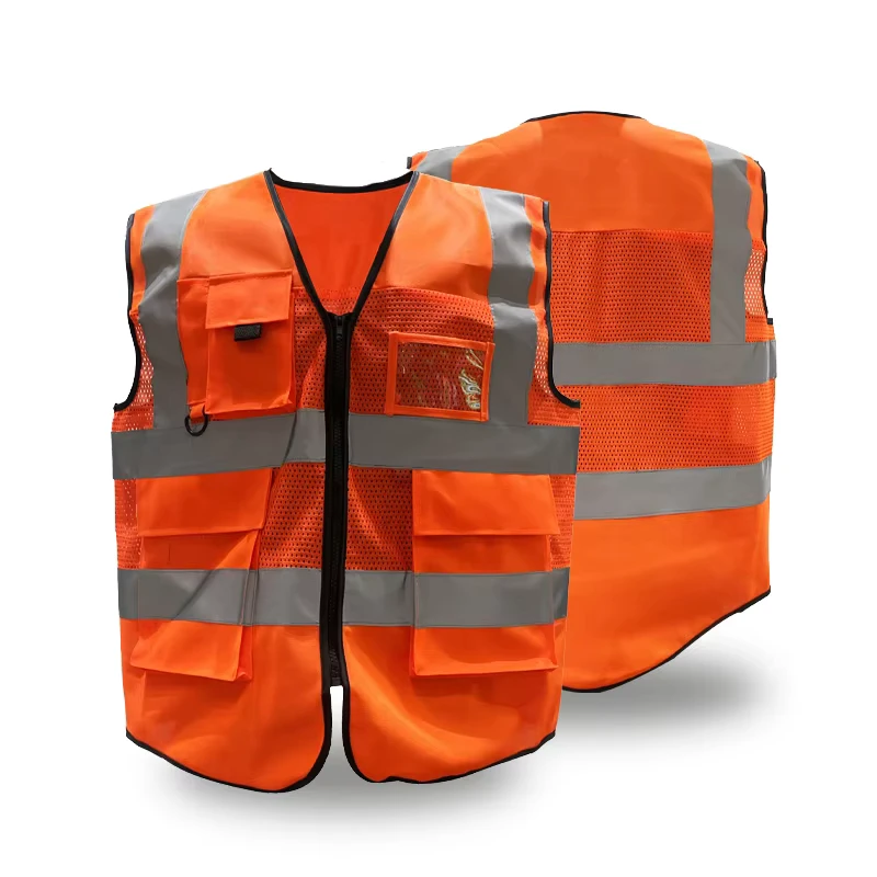 Customized High Visibility Reflective Safety Vest Mesh Front Zipper Construction Workwear High Vis Vest with Transparent Pocket