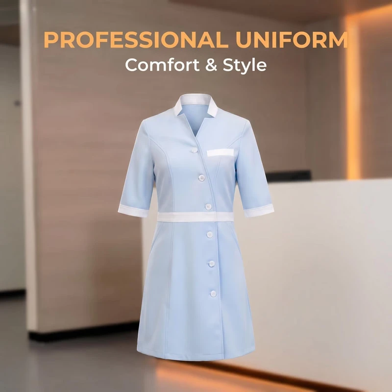 Customized Light Blue Patchwork V Neck Lapel Nurse Dresses 7 1 Sleeve Polycotton Medical Uniform Clinic Hospital OEM CE In Stock