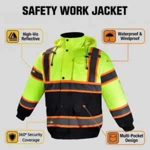 Customized Logo ANSI Class 2 High Visibility Waterproof Reflective Safety Jacket with Thermal Insulation Hood