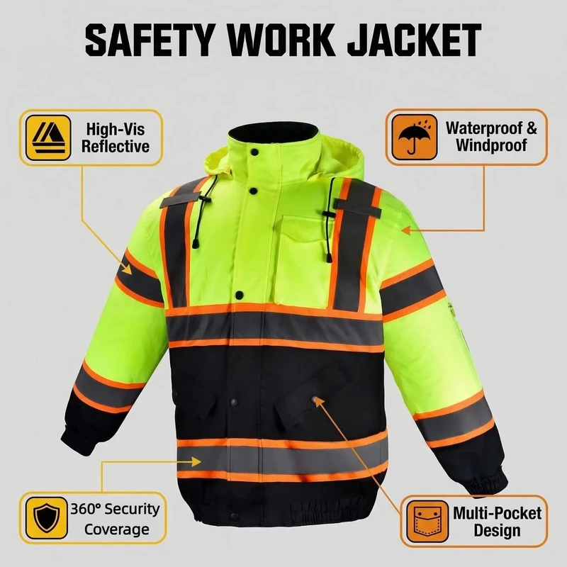 Customized Logo ANSI Class 2 High Visibility Waterproof Reflective Safety Jacket with Thermal Insulation Hood