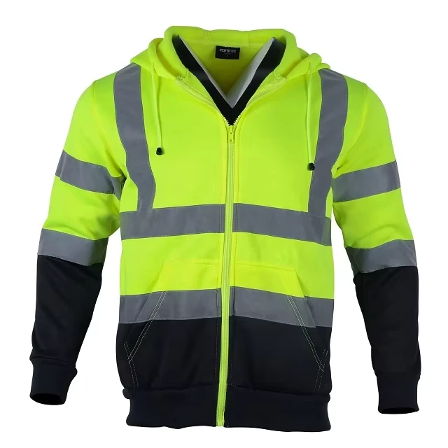 Customized Logo Men's Class 3 High Visibility 100% Polyester Fleece Fabric Reflective Hi Vis Safety Jackets Mesh Hi Vis Hoodies
