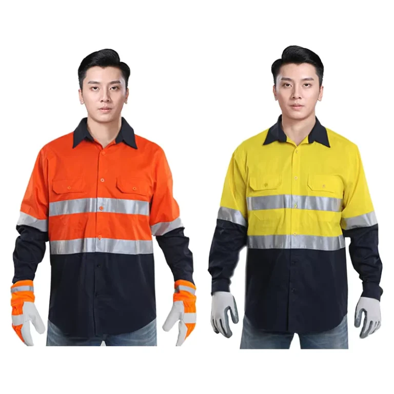 Customized-Logo-Two-Piece-Work-Uniforms-Pure-Cotton-Long-Sleeve-ANSI-Class-3-Hi-Vis-LED-Flash-Reflective-Shirt-Safety-Clothing