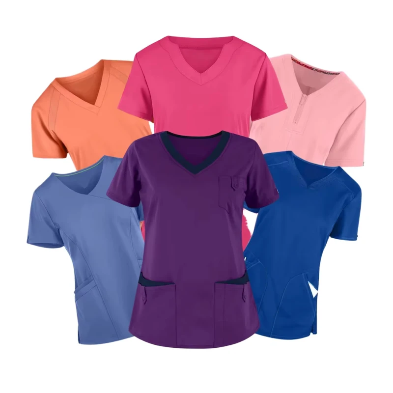 Customized Logo V Neck Nurse Scrub Tops Uniform Short Sleeve Patched Woven Fabric Scrub Clothing Waterproof Hospital Scrub Top
