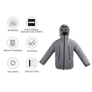 Customized Logo Windproof Long Sleeve Hoodie Gray Coat Hiking Reflective Jackets with Hat Zipper Pockets