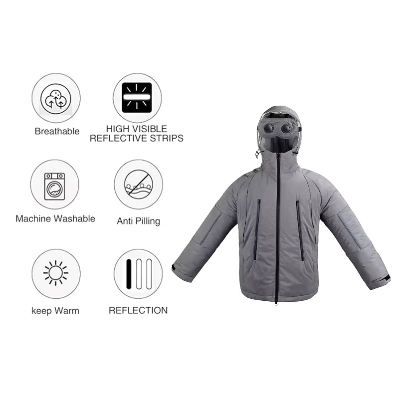 Customized Logo Windproof Long Sleeve Hoodie Gray Coat Hiking Reflective Jackets with Hat Zipper Pockets