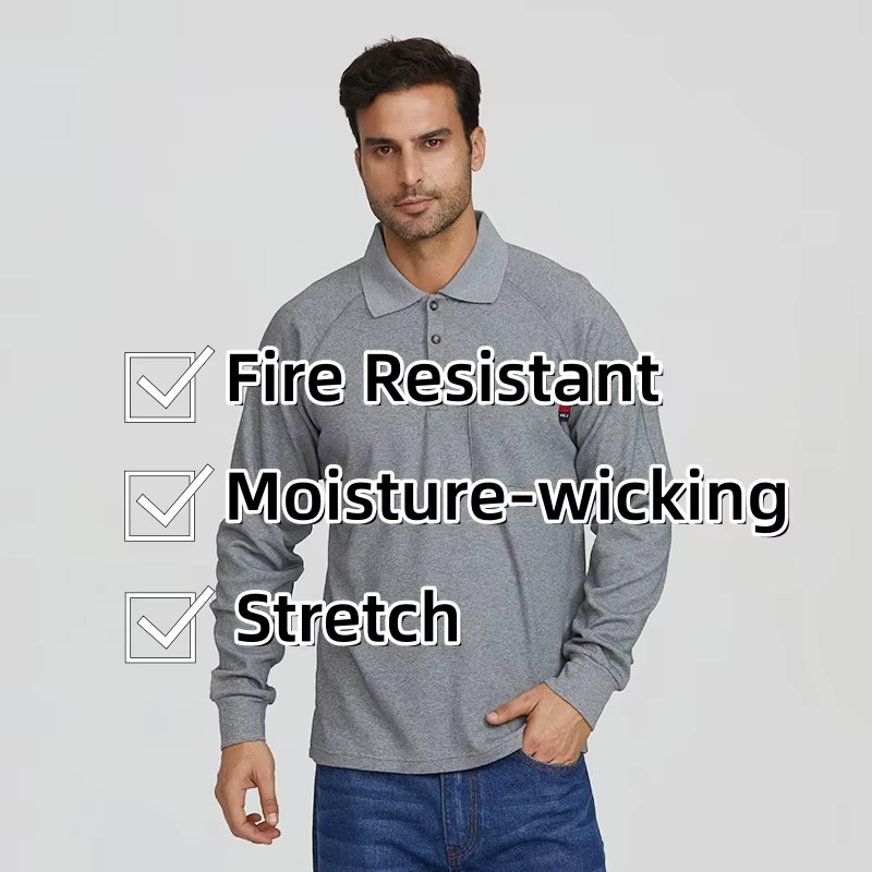 Customized Long Sleeve Flame Resistant Polo Shirts Welding Moisture Wicking FR Fire Retardant FRC Safety Work Shirts
