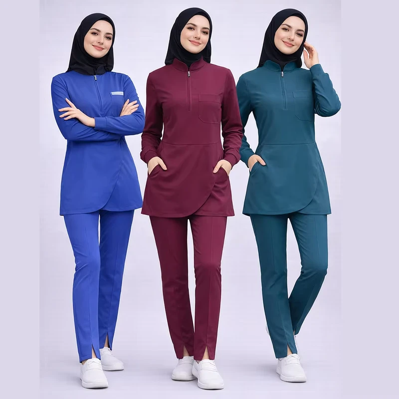 Customized Medical Scrub Set Hospital Staff Muslim Long Sleeve Women's Spandex Polyester Nursing Scrubs