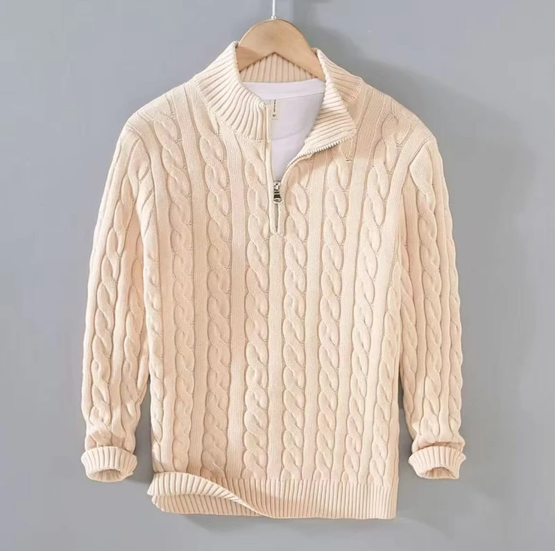 Customized Men's Casual Knit Sweater Quarter length Zipper Semi high Collar Trendy Fall Winter Retro Men's Knitted Sweater