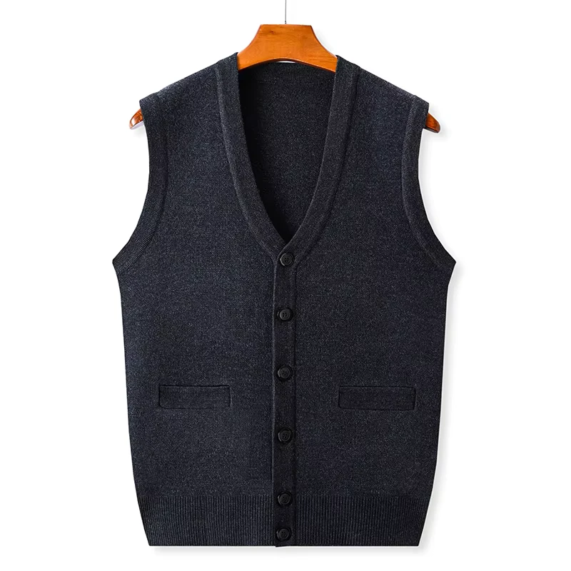 Customized Men's Pullover V-Neck Wool Sweater with Outer Buttons