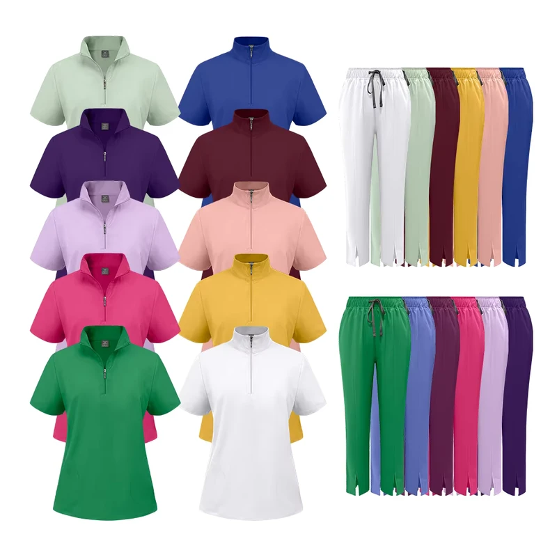 Customized Nurse Scrub Uniform Sets Zipper Tops Straight Trousers Polyester Elastane