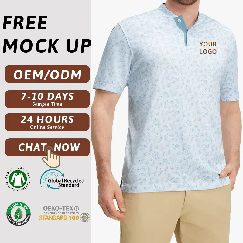 Customized OEM Men Floral Golf Polo Shirt Henley Collar Short Sleeve Botanical Print High Quality Athletic Apparel