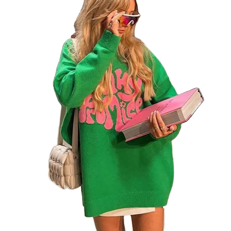 Customized OEM ODM Crew Neck Jacquard Knitted Sweater Loose Pullover Long Sleeve Monogram Pattern Jacquard Sweater for Women