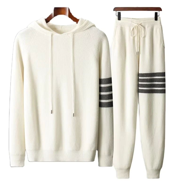 Customized Pure Cashmere Men's Hooded Pullover Sweater Set