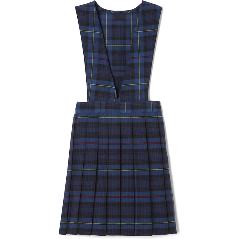 Customized School British Style Khaki Uniform Skirt V Neck Pleated Jumper Elastic Waistband Pinafore
