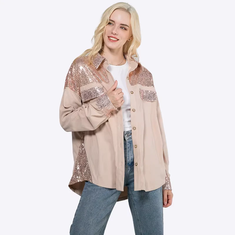 Customized Shacket Sequined Patchwork Long Sleeve Jacket Turndown Collar Shackets With Pockets for Women Spring Fall
