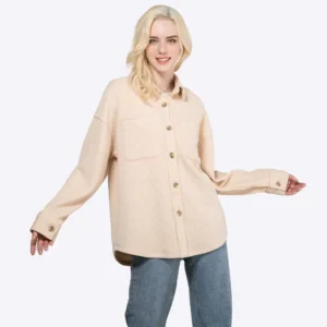 Customized Shacket Solid Color Ribbed Jacket Shackets With Pockets for Women Spring Fall Women Clothing