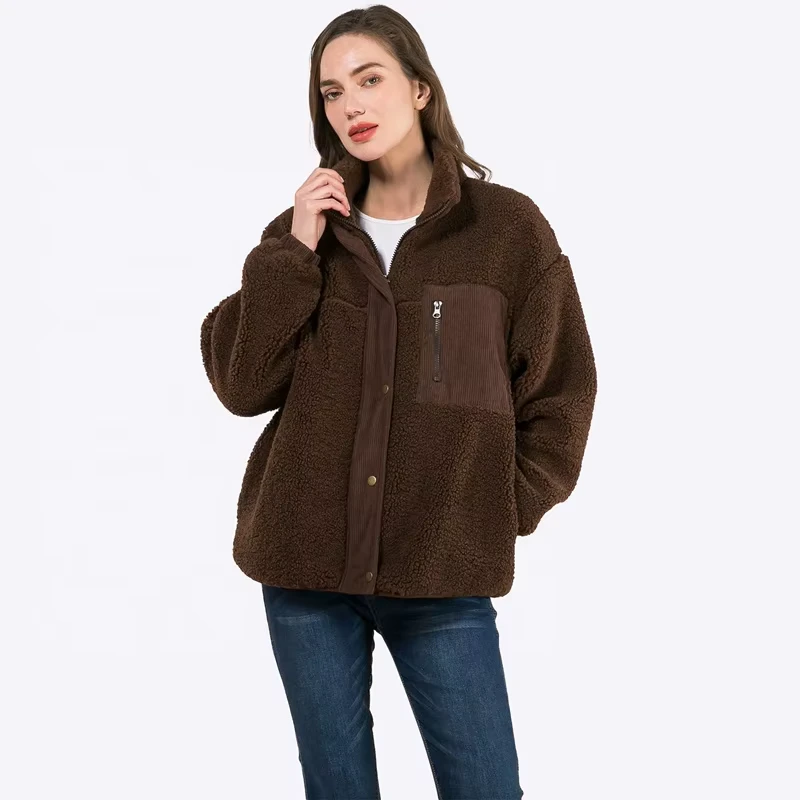 Customized Snap Zipper Pockets Women's Warm Jacket Coat Corduroy Patchwork Women Jackets