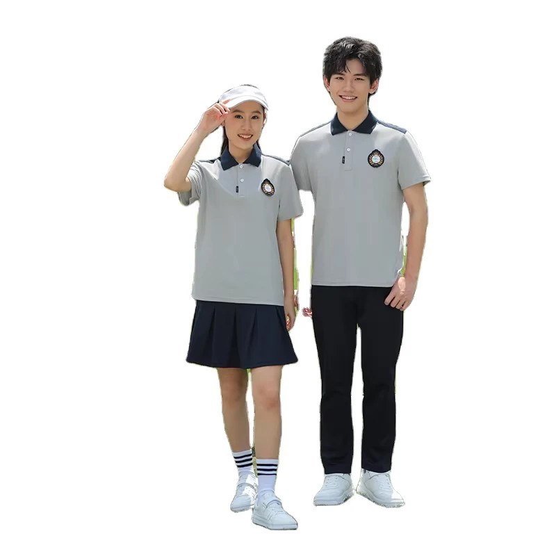 Customized Summer School Uniform Set Gray Navy Blue Color Skin Friendly and Breathable Short Sleeved Class Clothes